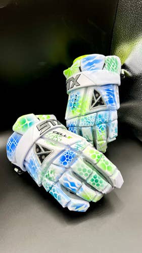 CUSTOM PAINTED BLUE AND GREEN New STX Cell IV Lacrosse Gloves Large