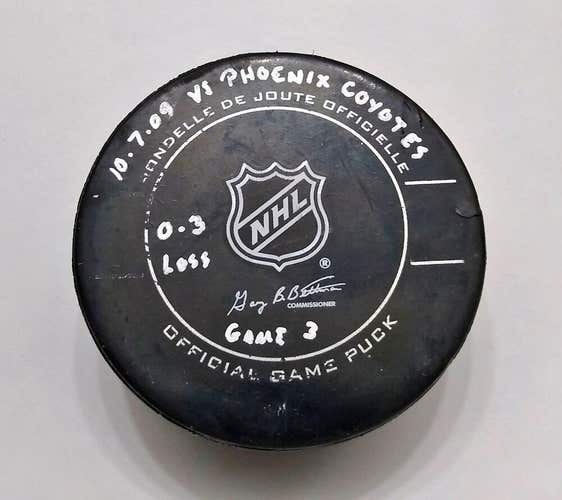 10-7-09 Pittsburgh Penguins vs. Coyotes Game Used Hockey Puck Bryzgalov Shutout