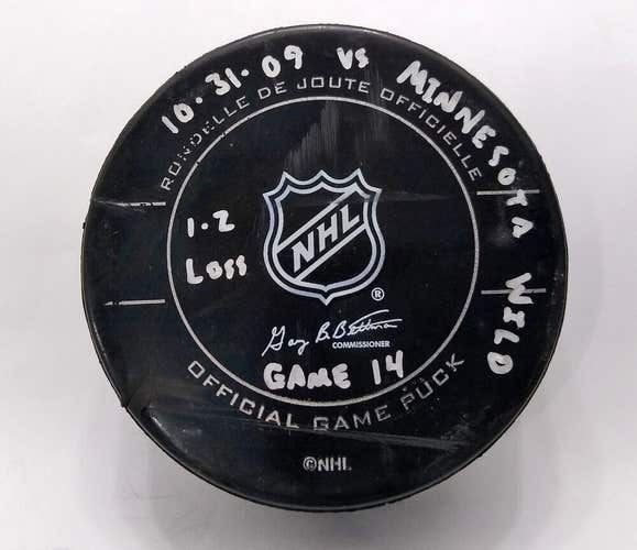 10-31-09 Pittsburgh Penguins vs Minnesota Wild Game Used Puck Crosby Fight