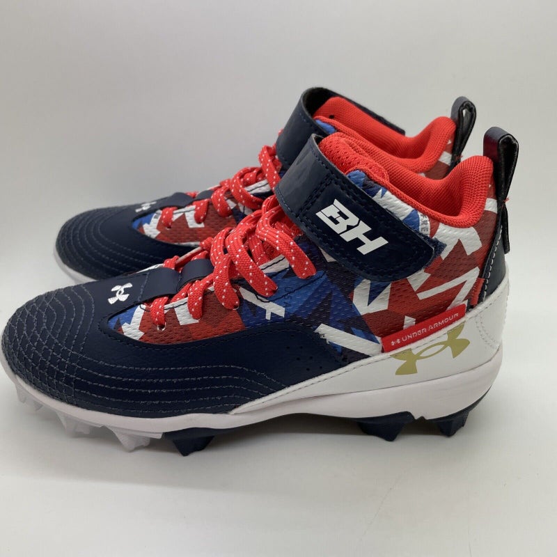 new youth 5 Under Armour Harper 7 Mid USA RM Jr Baseball Cleats 3025599-400 stars/stripes