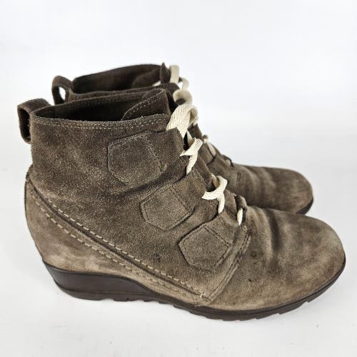 Sorel Evie Lace Major Wedge Boots Women's Size 8 Taupe Suede Bootie Ankle