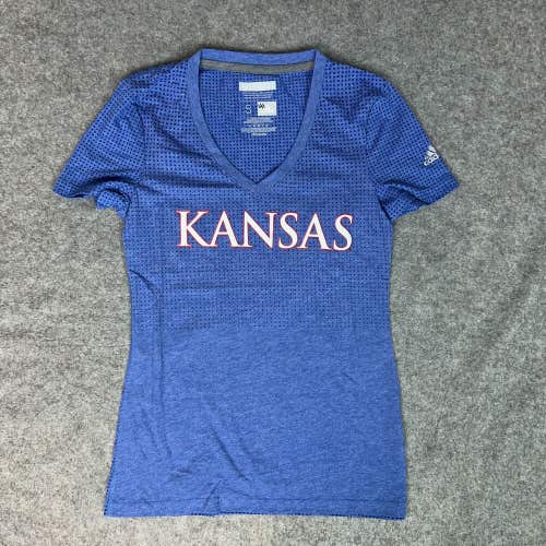 Kansas Jayhawks Womens Shirt Small Adidas Blue White Tee Short Sleeve NCAA Sport