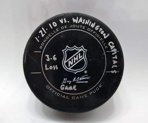 1-21-10 Penguins Capitals Game Used Puck Carlson 1st NHL Point Ovechkin 250th