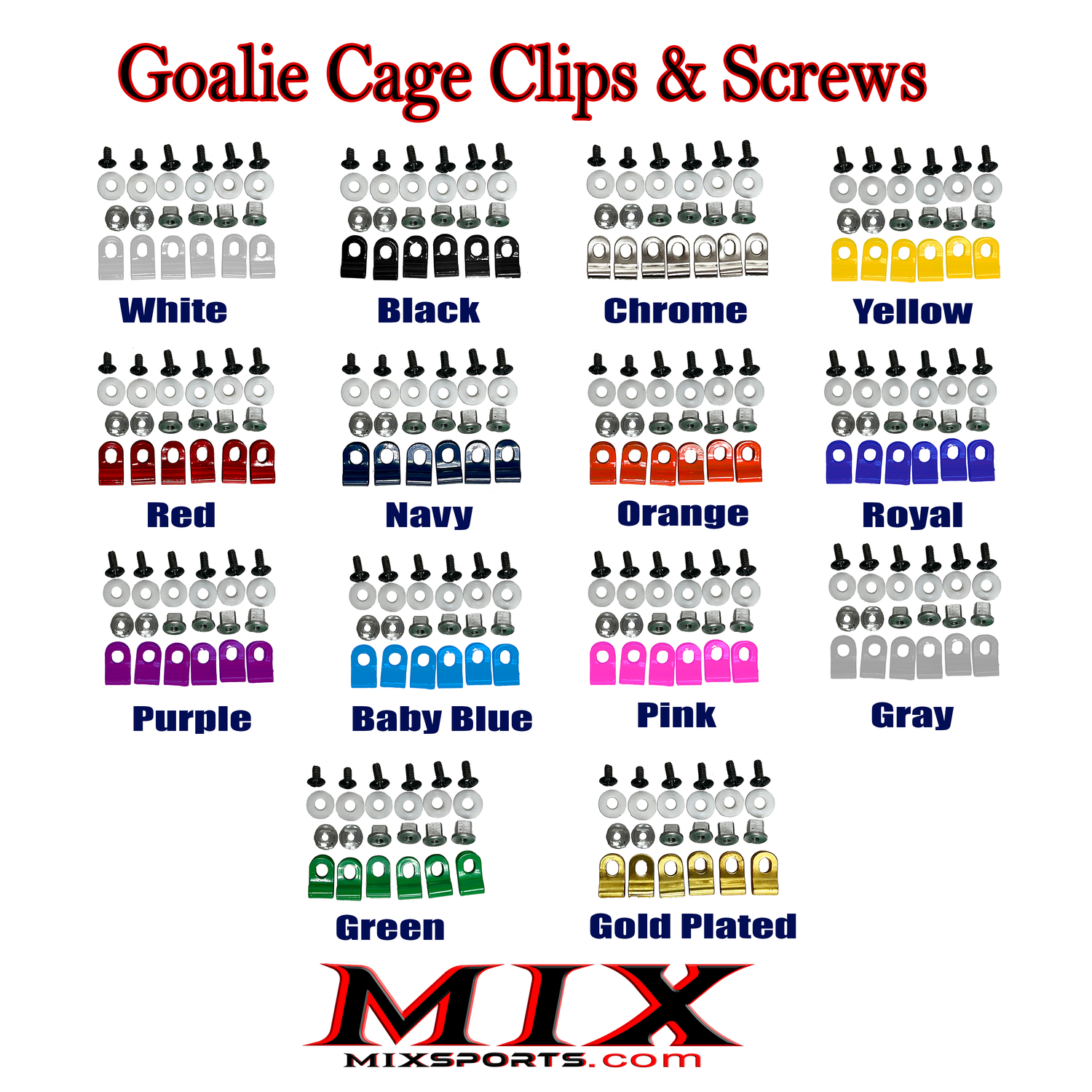 Mix Hockey Goalie Mask Cage Powder Coated Clips and Screws kits - 14 colors available