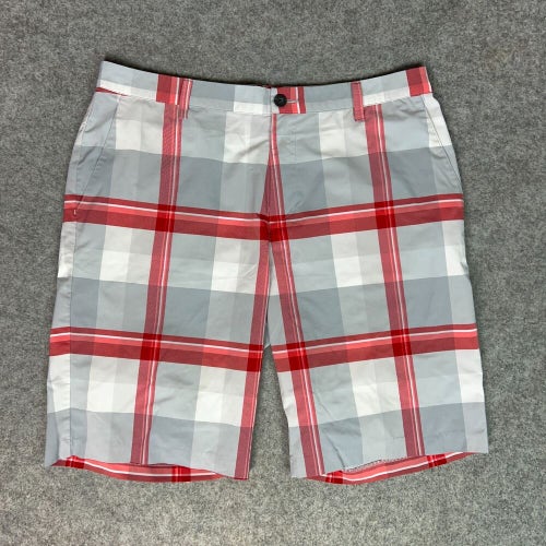 Adidas Mens Shorts 34 Gray Red Golf Dress Pockets Lightweight Plaid Outdoor ^