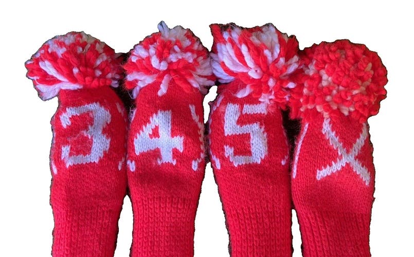 Golf Headcovers Knit Fuzzy Pom-Pom Red & White Set Of Four 3,4,5,X Vintage Woods
