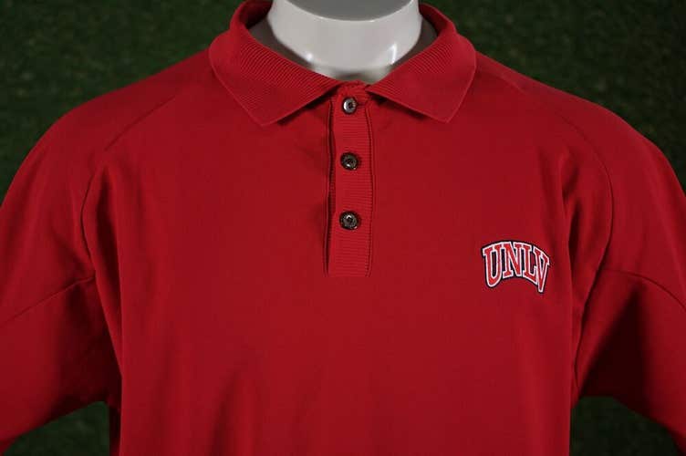 MEN’S LARGE RUSSELL ATHLETIC DRI-POWER UNLV REBELS TEAM RED SHIRT, GOLF POLO