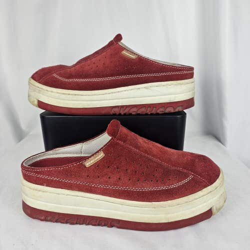 Vintage Skechers Sport Red Suede Slip On Platform Mule Clogs Womens 10