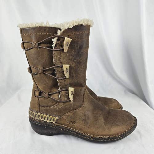 Ugg Kona Boots Sz 7 Women Chestnut Suede Leather Shearling Toggle Boots SN 5156