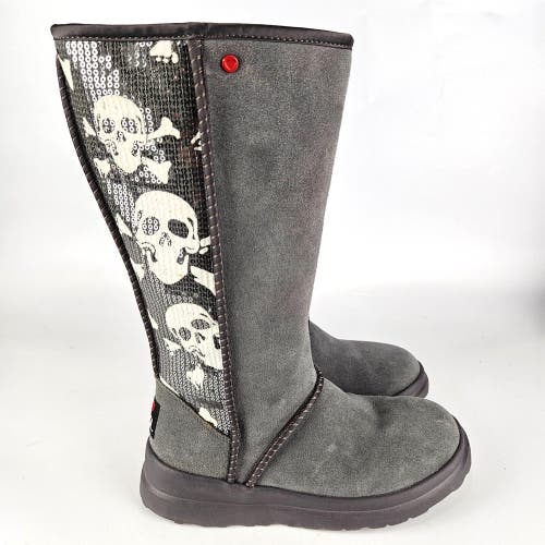 I Heart UGG Skull & Crossbones Sequin Womens Size 6 Gray Tall Suede Boots - NEW