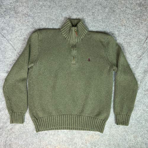 Polo Ralph Lauren Mens Sweater Large Green Maroon Pony Heavy Knit Quarter Zip