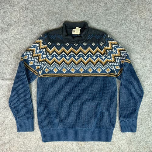LL Bean Mens Sweater Small Navy Orange Nordic Waffle Knit Organic Cotton Top