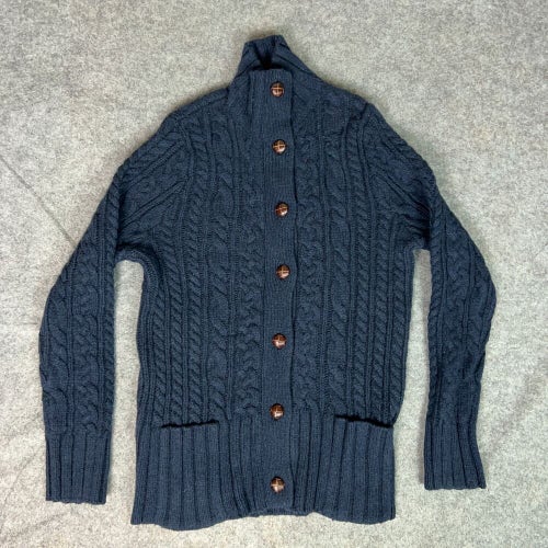 Duluth Trading Womens Sweater Large Navy Cardigan Cable Knit Cashmere Wool Blend