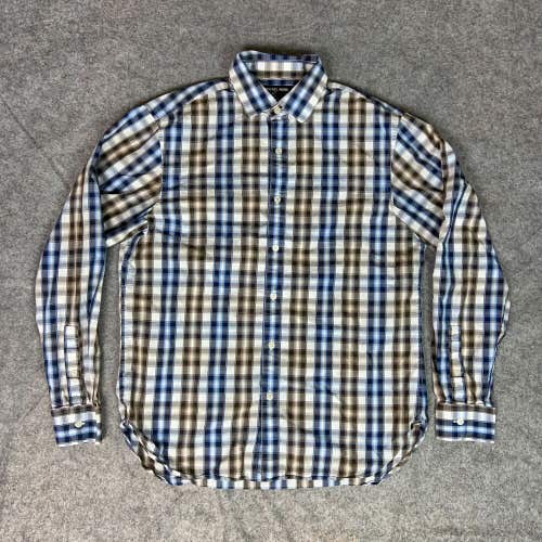 Michael Kors Mens Shirt Medium Blue Brown Plaid Button Up Long Sleeve Casual Top