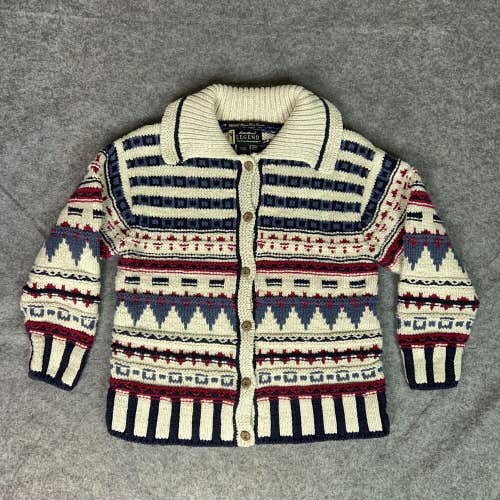 Vintage Eddie Bauer Womens Sweater Medium White Blue Cardigan Legend Hand Knit