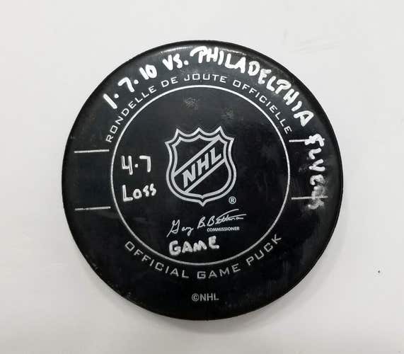 1-7-10 Pittsburgh Penguins vs. Flyers NHL Game Used Hockey Puck Crosby 2 Goals