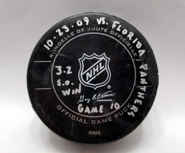 10-23-09 Pittsburgh Penguins vs Panthers NHL Game Used Puck Cosby 300th Game