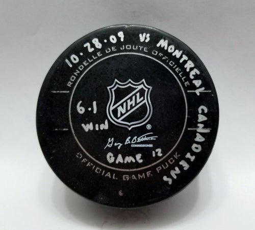 10-28-09 Pittsburgh Penguins vs Canadiens Game Used Hockey Puck Crosby HAT TRICK