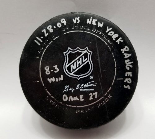 11-28-09 Pittsburgh Penguins vs Rangers Game Used Hockey Puck Crosby HAT TRICK