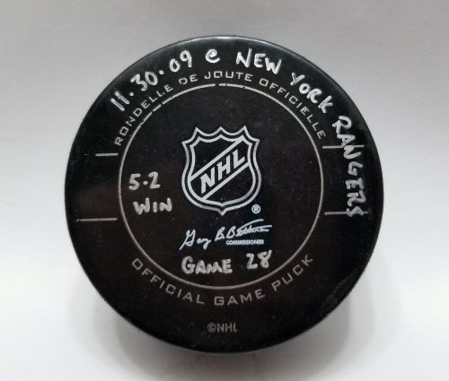 11-30-09 Pittsburgh Penguin at NY Rangers Game Used Hockey Puck Rupp HAT TRICK