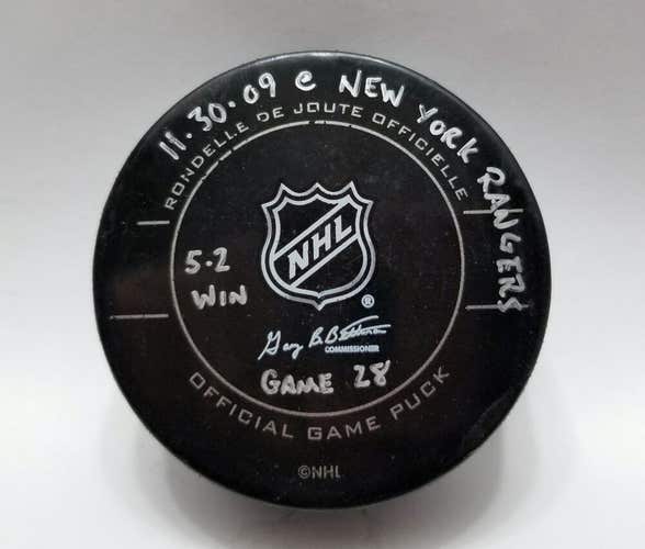 11-30-09 Pittsburgh Penguins at NY Rangers Game Used Hockey Puck Rupp HAT TRICK