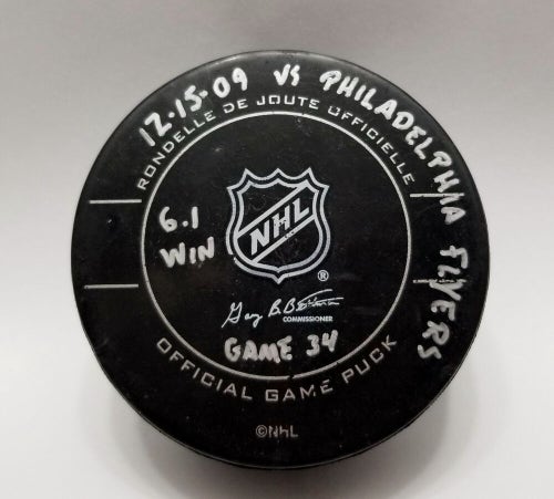 12-15-09 Pittsburgh Penguins vs Flyers NHL Game Used Hockey Puck Fleury Win 130
