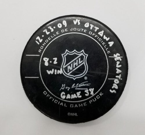 12-23-09 Penguins vs Senators NHL Game Used Hockey Puck MALKIN HAT TRICK