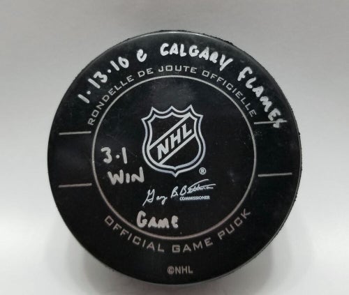 1-13-10 Penguins at Calgary Flames NHL Game Used Hockey Puck Fleury Win 135