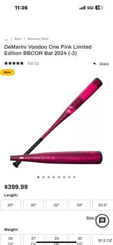 2024 DeMarini (-3) 29.5 oz 32.5" Voodoo One Pink Bat
