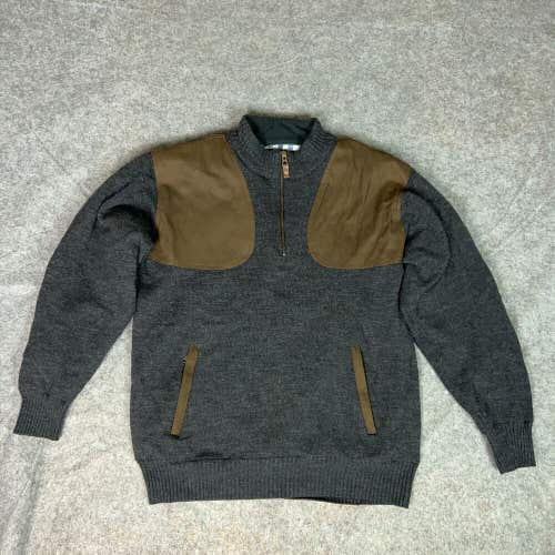 Orvis Mens Sweater Large Gray Brown Shooting Pullover Quarter Zip Wool Elbow Pad