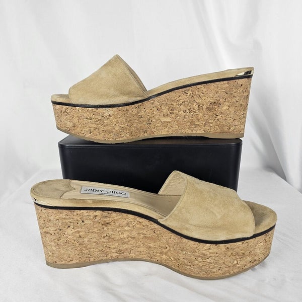Jimmy Choo DeeDee Cork Wedge Suede Platform Slip On Sandals Slides EU 40.5(10.5)
