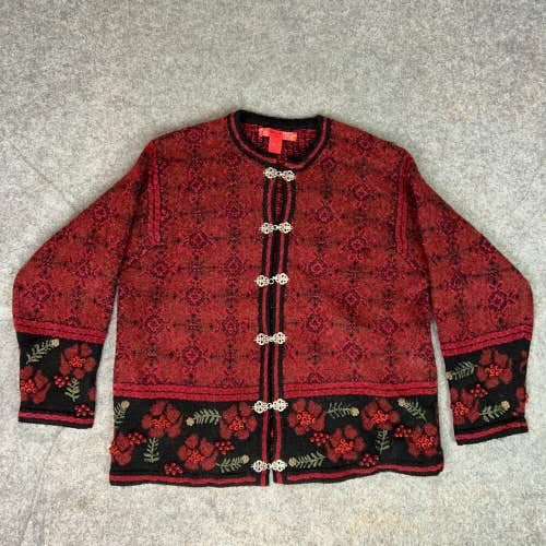 Skyr Womens Sweater Plus 2X Red Black Cardigan Wool Blend Nordic Metal Clasp Top