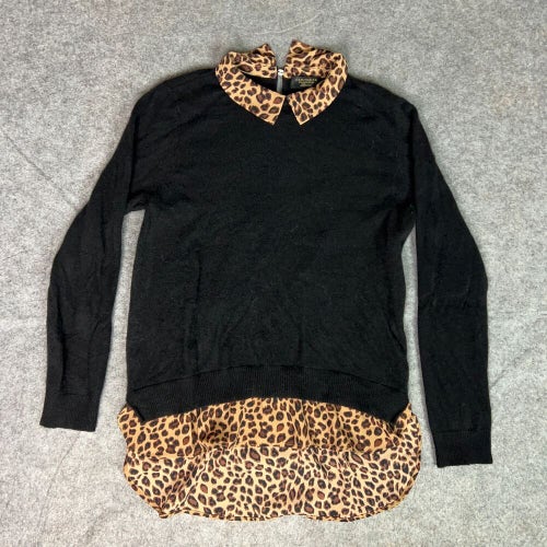 Charter Club Womens Sweater Medium Black Cashmere Leopard Print Blouse Pullover