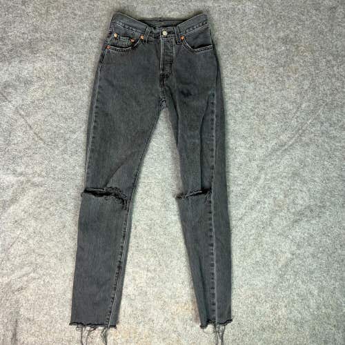 Levis 501 Womens Jeans 24 Black Skinny Denim Pant Button Fly Distressed Raw Hem