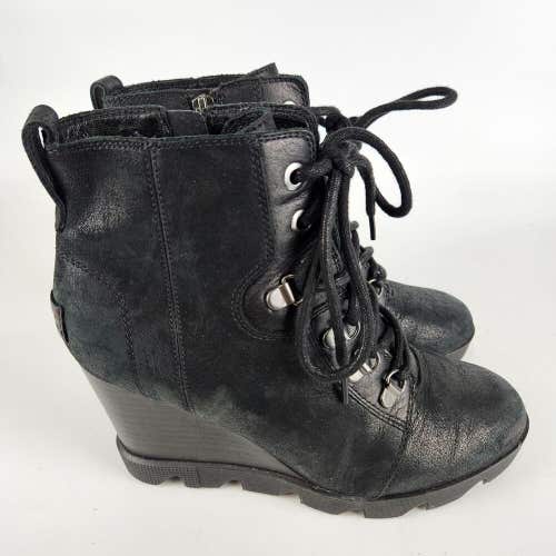 SOREL Joan Uptown Lace Womens Size 7 Black Leather Booties Wedge Heel Boots