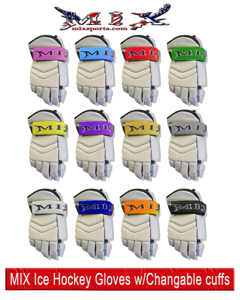 13" MIX Ice Hockey MX5 Gloves - White Out ((Free Color Cuffs)) **White cuffs included.