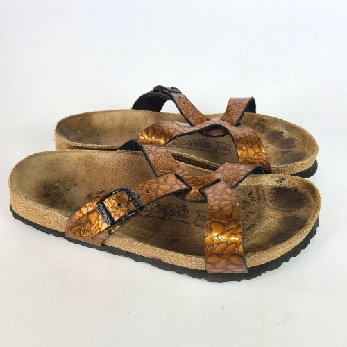 Birki's by Birkenstock Women's Bronze Snake Embossed Sandal  Shoe Size: 37 / 6