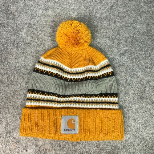 Carhartt Mens Hat Orange Gray Beanie Pom Cuffed Logo Knit Workwear Winter Cap