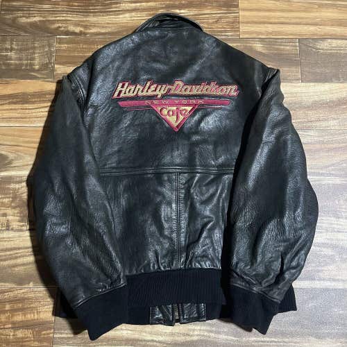 Vintage Harley Davidson Cafe New York Brown Leather Zip Jacket Men's Size Medium