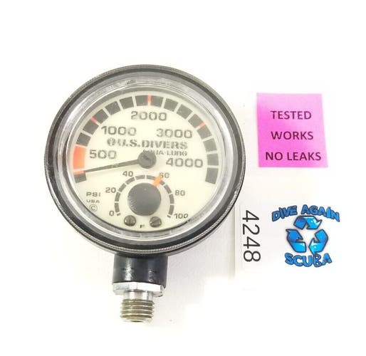US Divers Aqua Lung 4000 PSI SPG Submersible Pressure Gauge + Thermometer Scuba