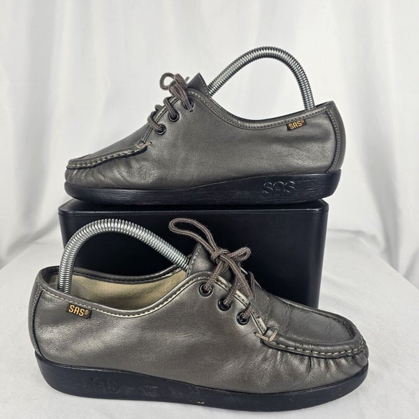 SAS Siesta Womens Loafer Leather Shoes Handsewn Size 7.5 W Silver Gray USA Made