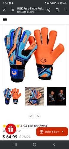 Renegade GK Fury Nightfall Fingersave Soccer Goalie Goalkeeper Gloves Size 7