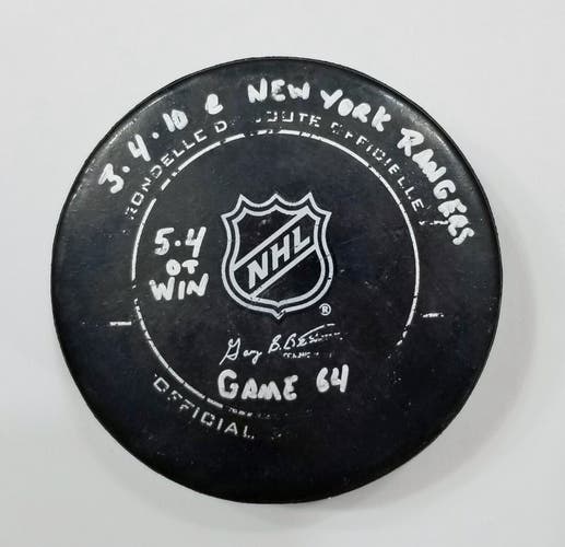 3-4-10 Pittsburgh Penguins at New York Rangers NHL Game Used Hockey Puck