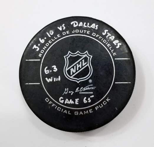 3-6-10 Pittsburgh Penguins vs Dallas Stars NHL Game Used Puck MALKIN 300TH GAME