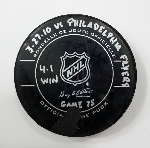 3-27-10 Pittsburgh Penguins vs Flyers NHL Game Used Puck KRIS LETANG 200th GAME