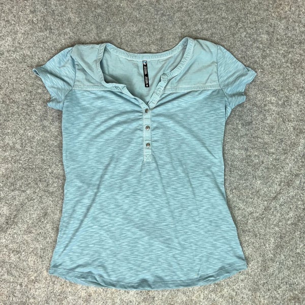 Kuhl Womens Shirt Small Blue Short Sleeve Henley Outdoor Logo Top Classic  Gorp ^