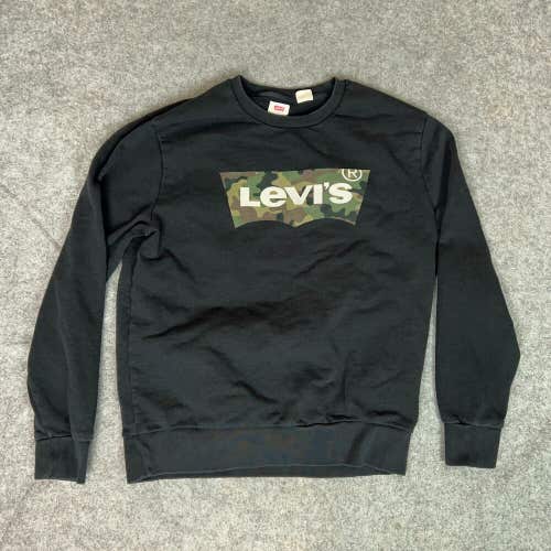 Levis Mens Sweatshirt Small Black Camo Pullover Crew Neck Sweater Spellout Top