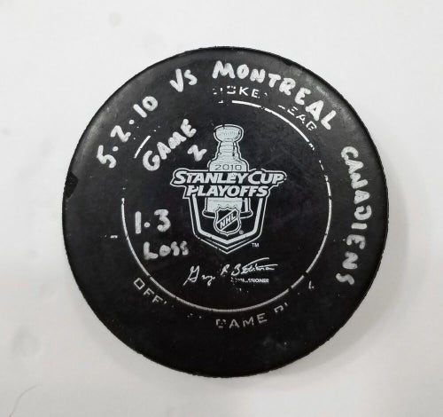 5-2-10 Playoffs Pittsburgh Penguins vs Montreal Canadiens Game Used Hockey Puck