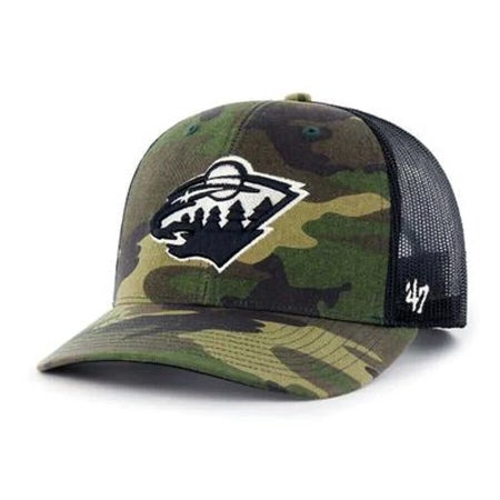 2024 Camo Minnesota Wild 47 Brand NHL Trucker Adjustable Snapback Hat Mesh Cap