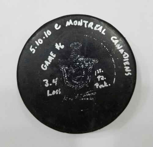 5-10-10 Playoffs Penguins at Montreal Canadiens Game Used Hockey Puck 1st Period